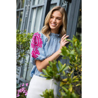 Embroidered Puff Sleeve Top - Blue