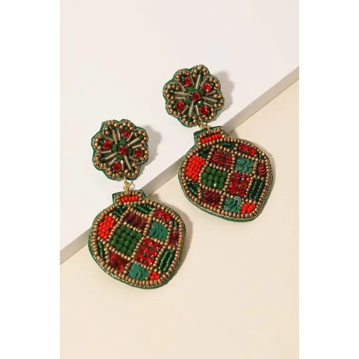 Ornament Beaded Earrings - Green/Red