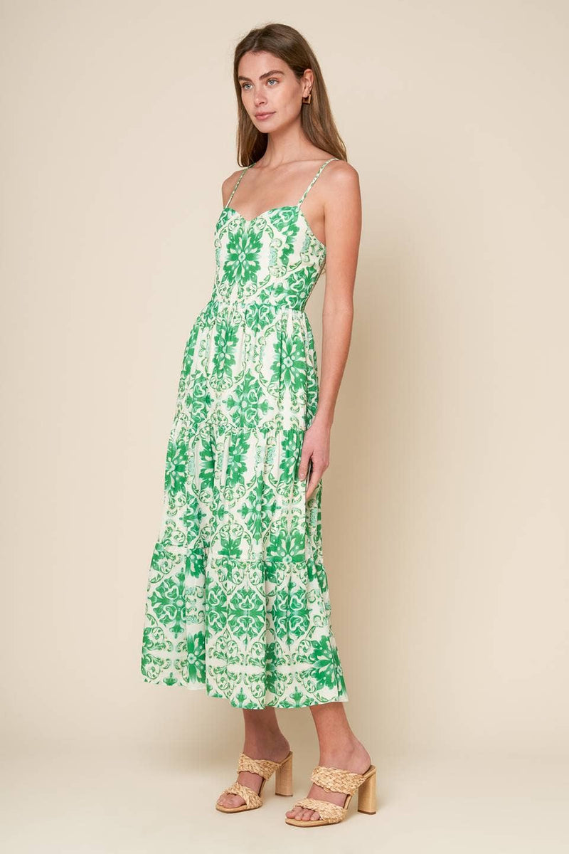 Woven Printed Midi Dress - Ivory/Green