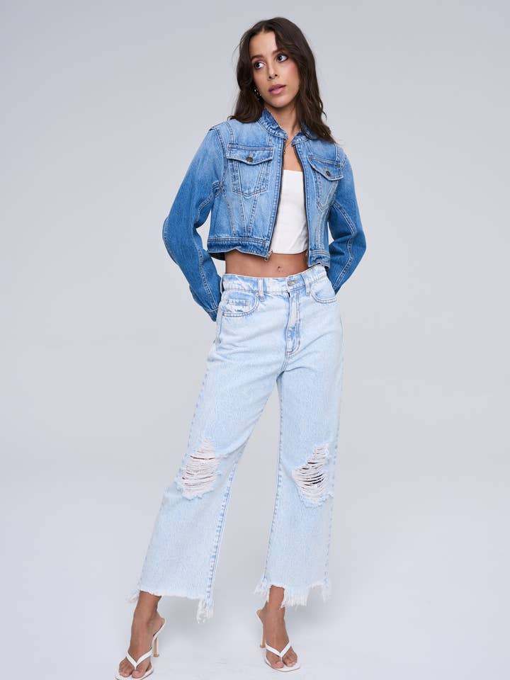 Distressed High Rise Cropped Jeans - Acid Wash