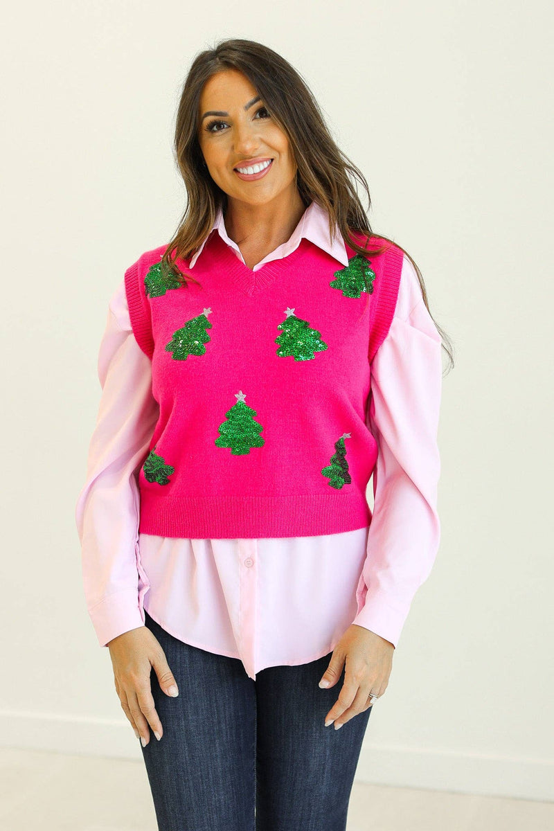 Sequin Tree Vest - Hot Pink