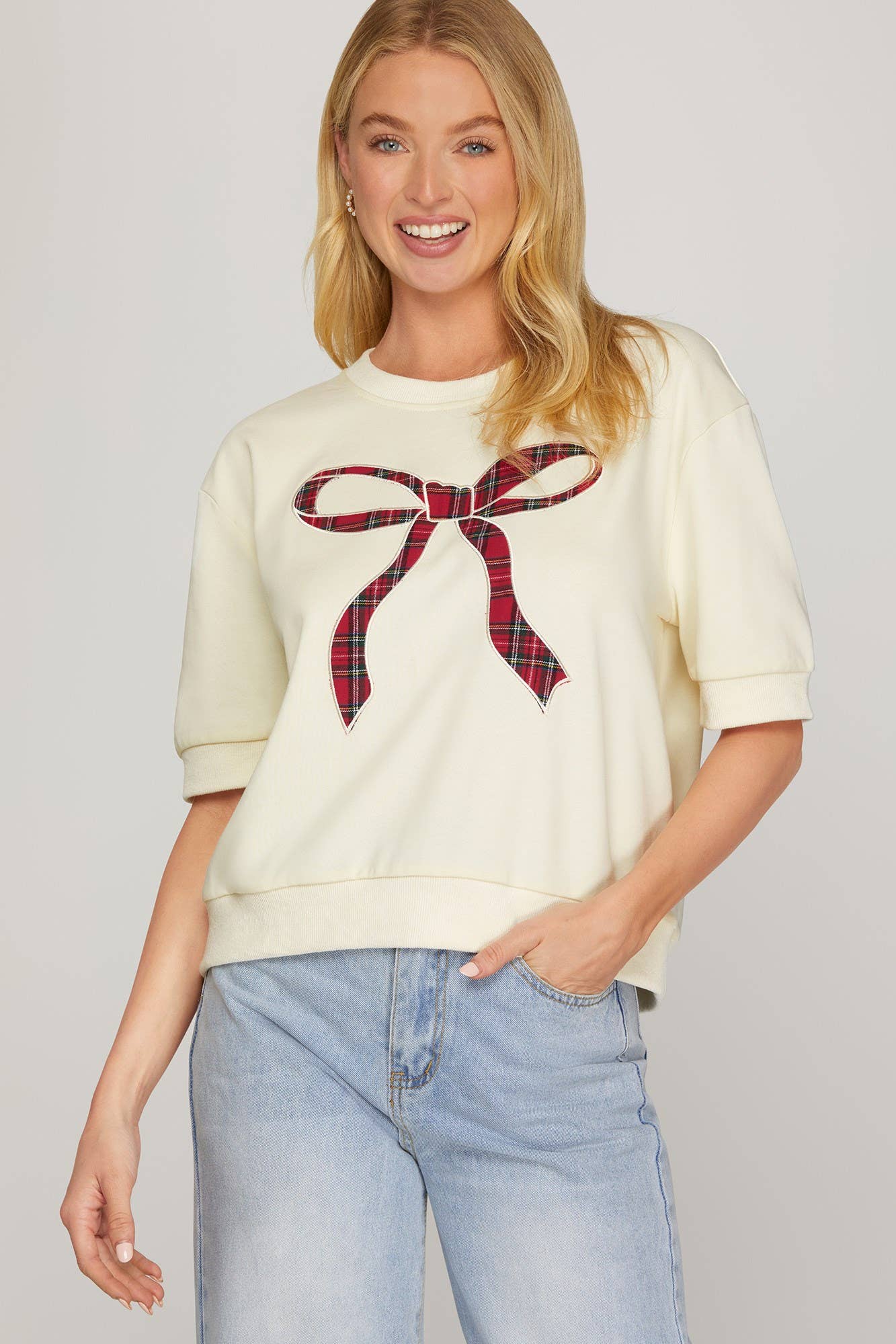 Plaid Bow Knit Top - Cream
