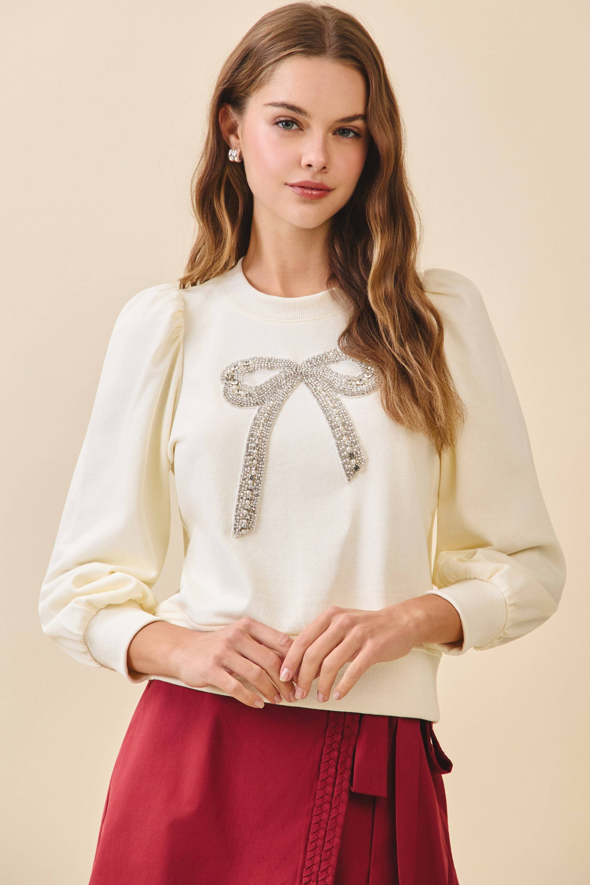 Crystal Bow Embroidered Sweater - Cream