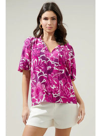 Floral Orchid Purple Puff Sleeve Blouse