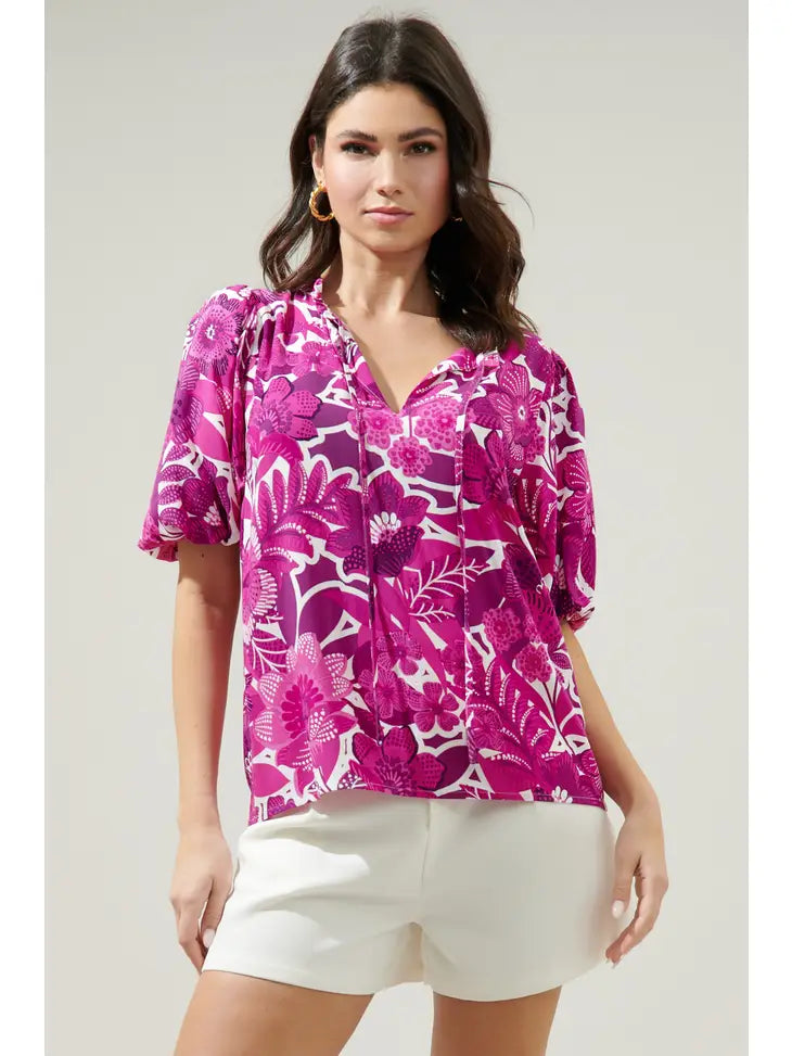 Floral Orchid Purple Puff Sleeve Blouse
