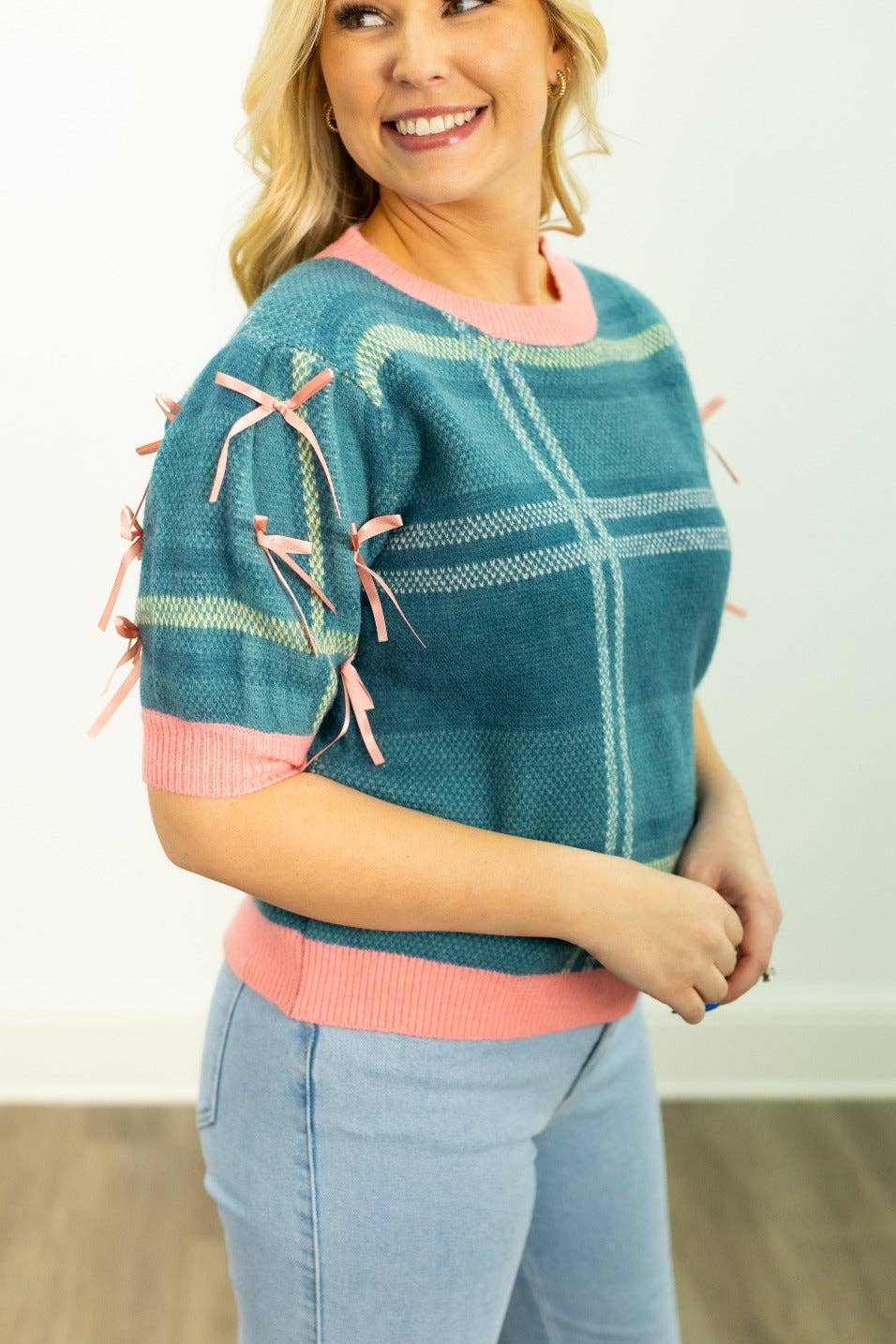 Plaid Puff Sleeve Sweater - Turquoise