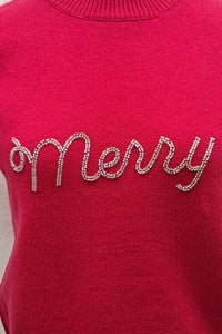 Rhinestone Merry Puff Sleeve Sweater - Red