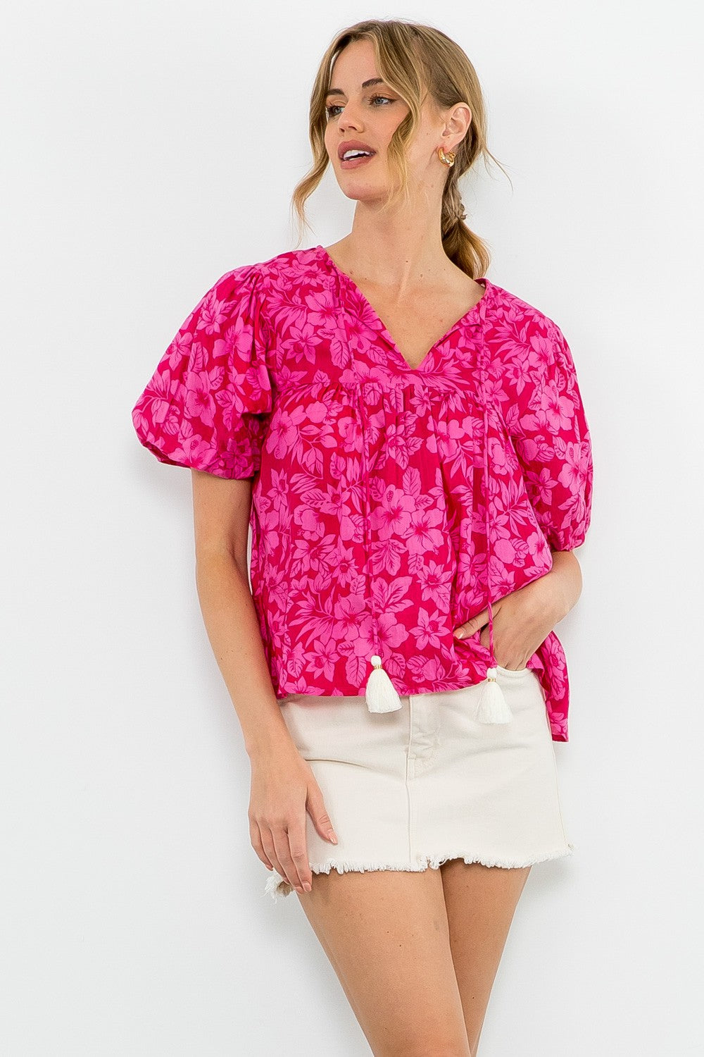 Floral Puff Sleeve Blouse - Pink