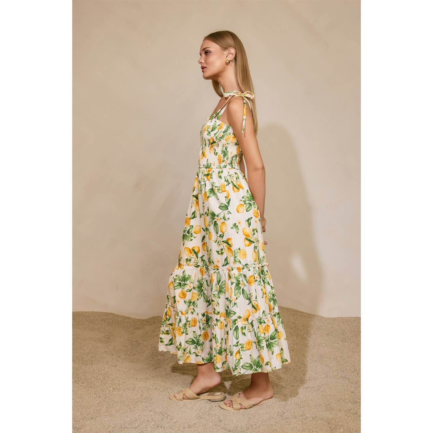 Lemon Tie Shoulder Tiered Dress