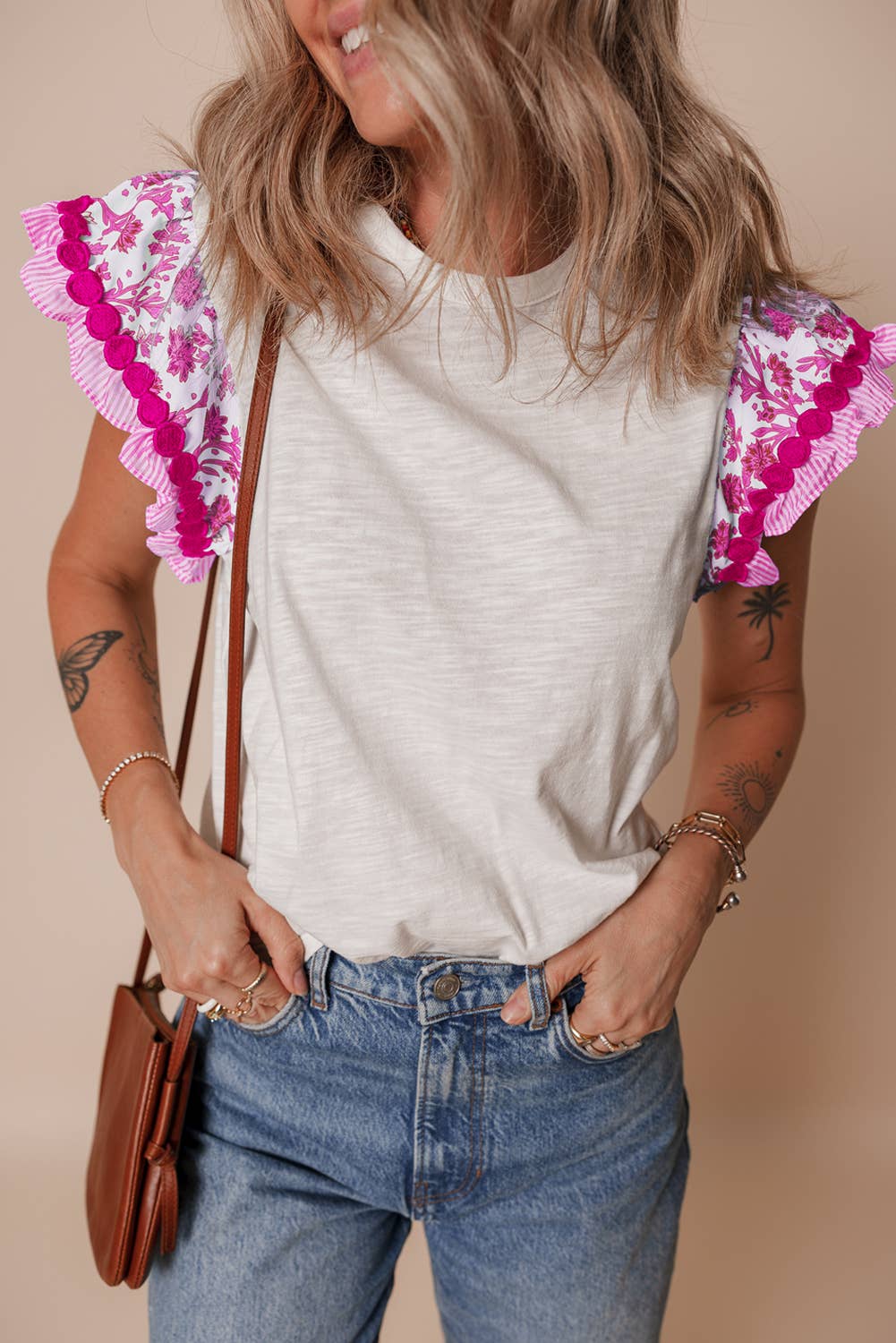 Floral Striped Sleeve Blouse - Pink