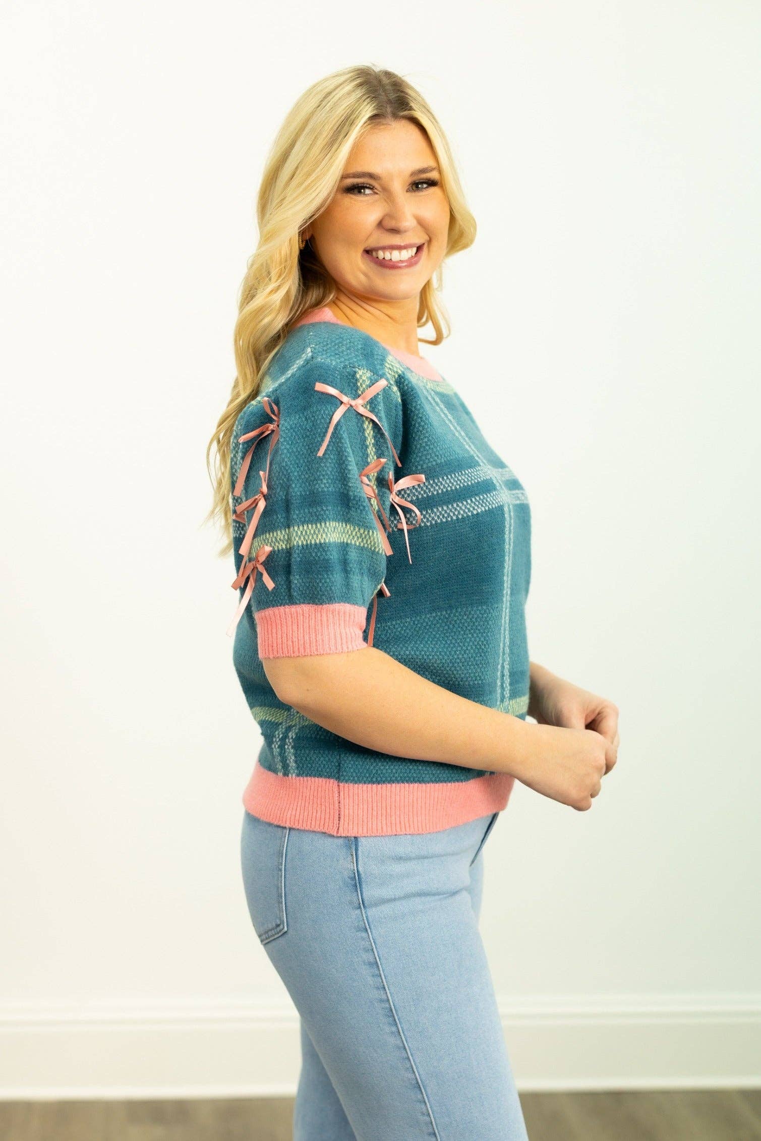 Plaid Puff Sleeve Sweater - Turquoise