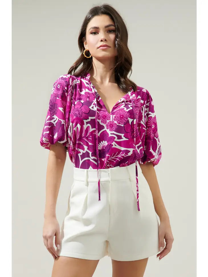 Floral Orchid Purple Puff Sleeve Blouse