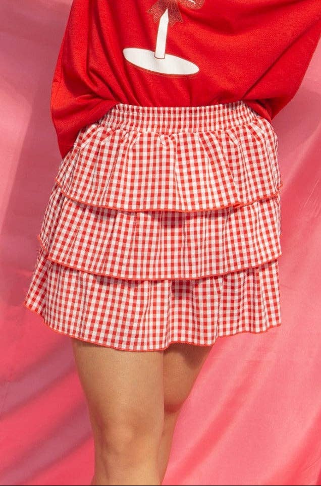 Gingham Ruffle Skort - Red