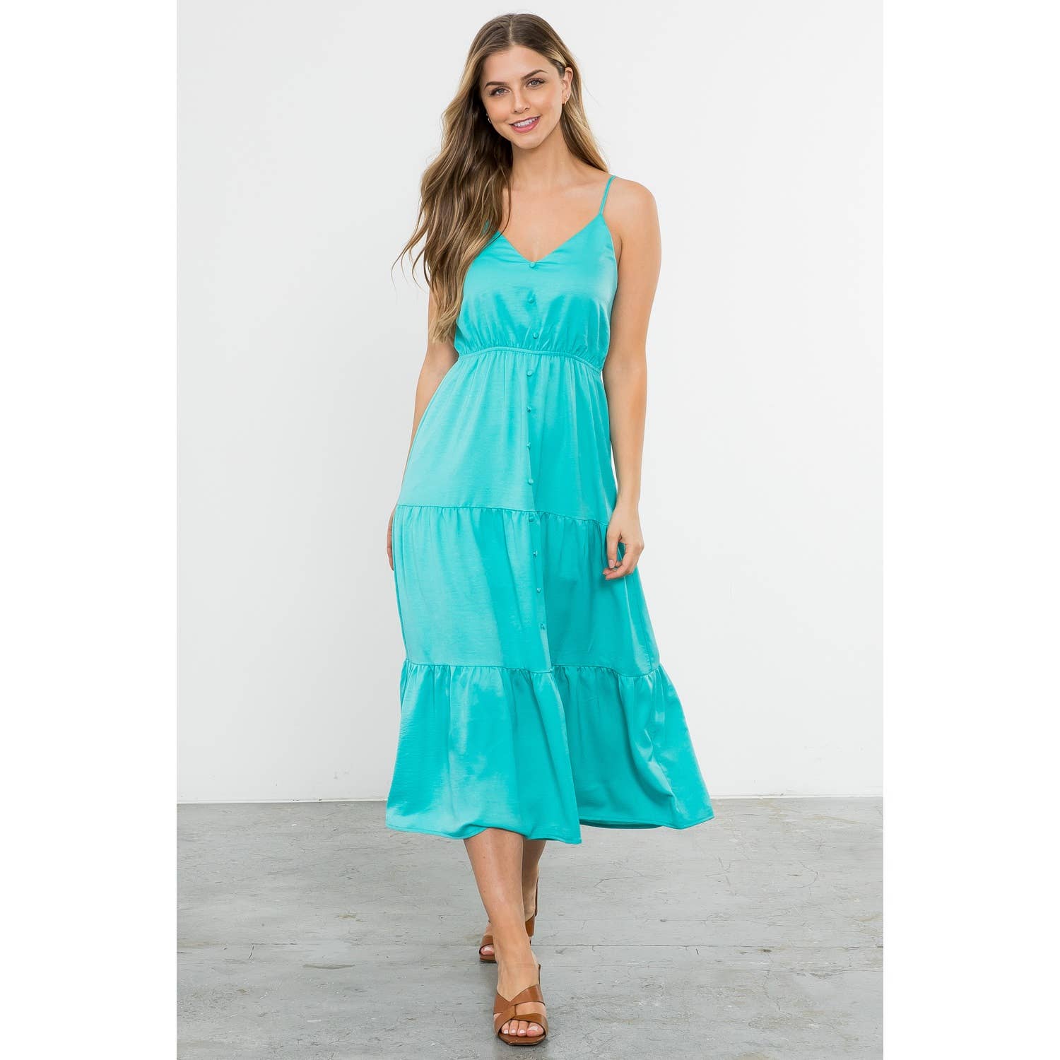 Button Up Tiered Maxi Dress - Aqua