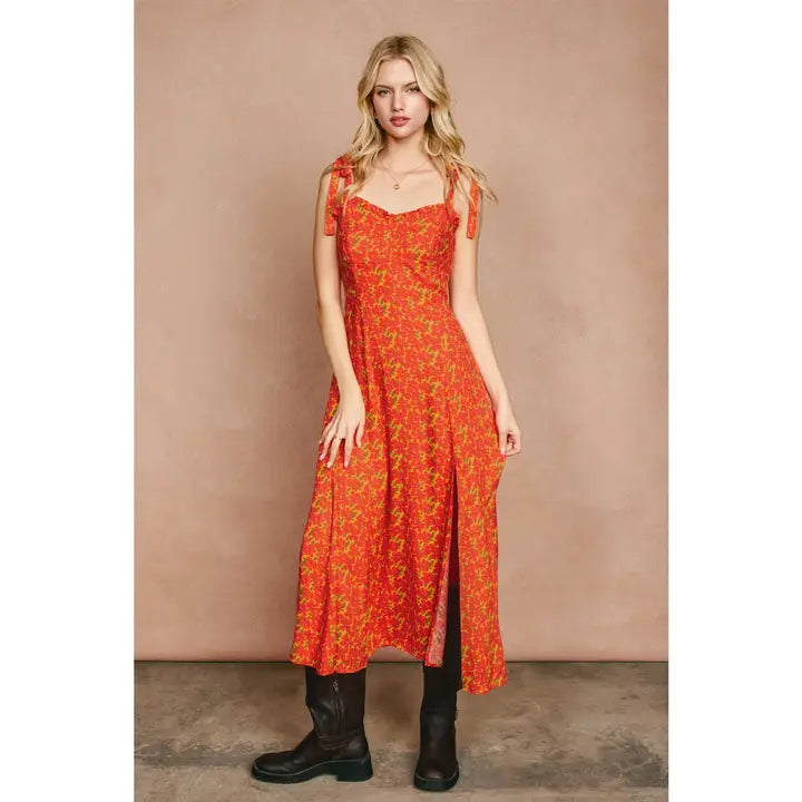 Floral Sweetheart Midi Dress - Orange