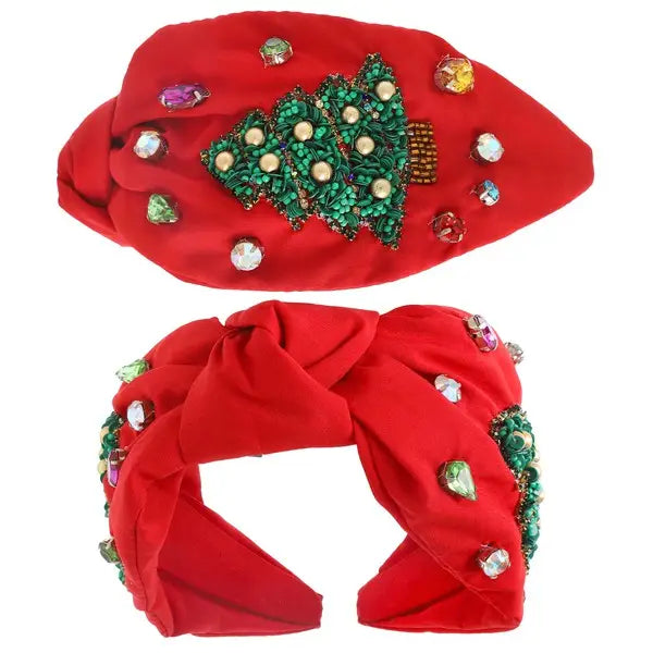 Christmas Tree Beaded Headband - Red