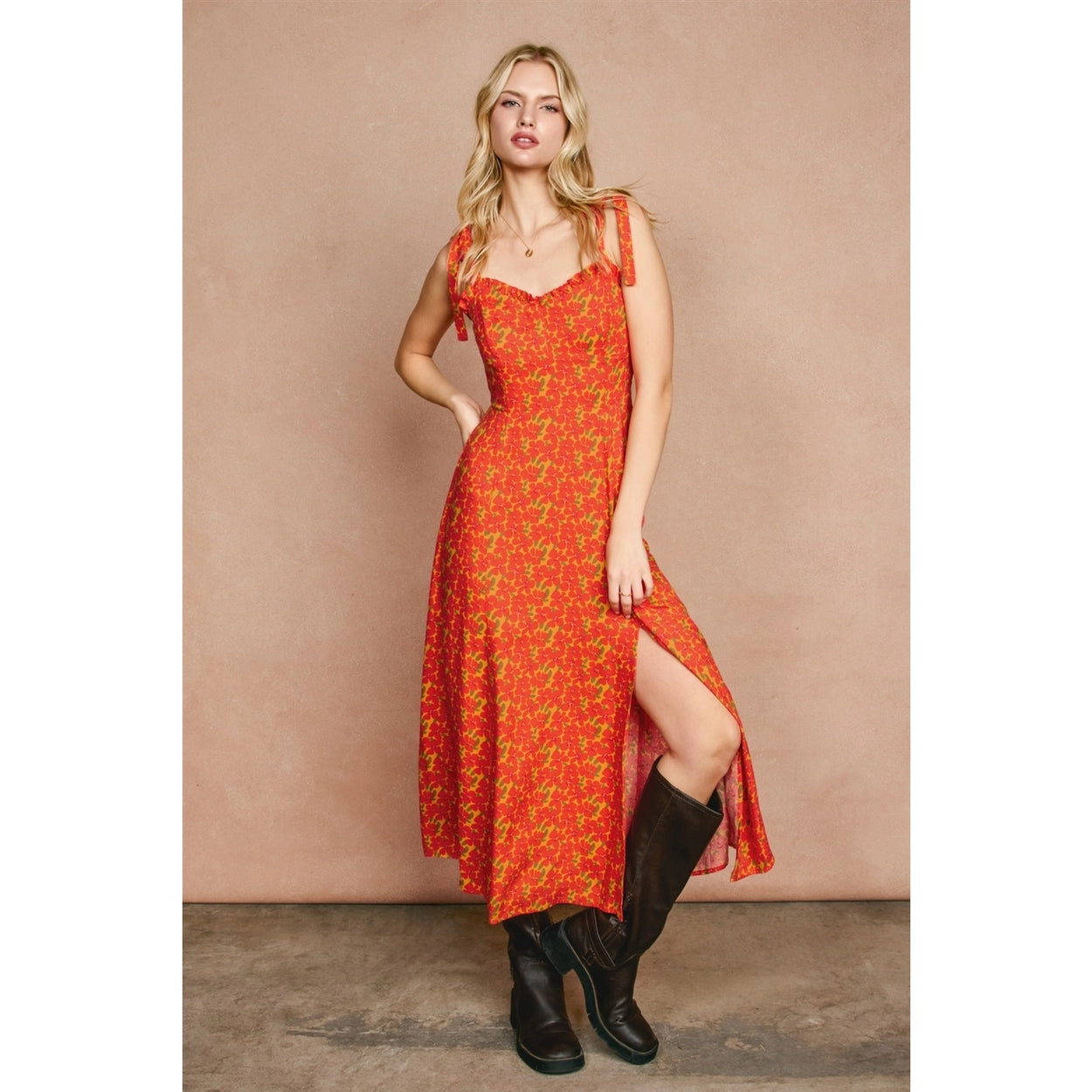 Floral Sweetheart Midi Dress - Orange