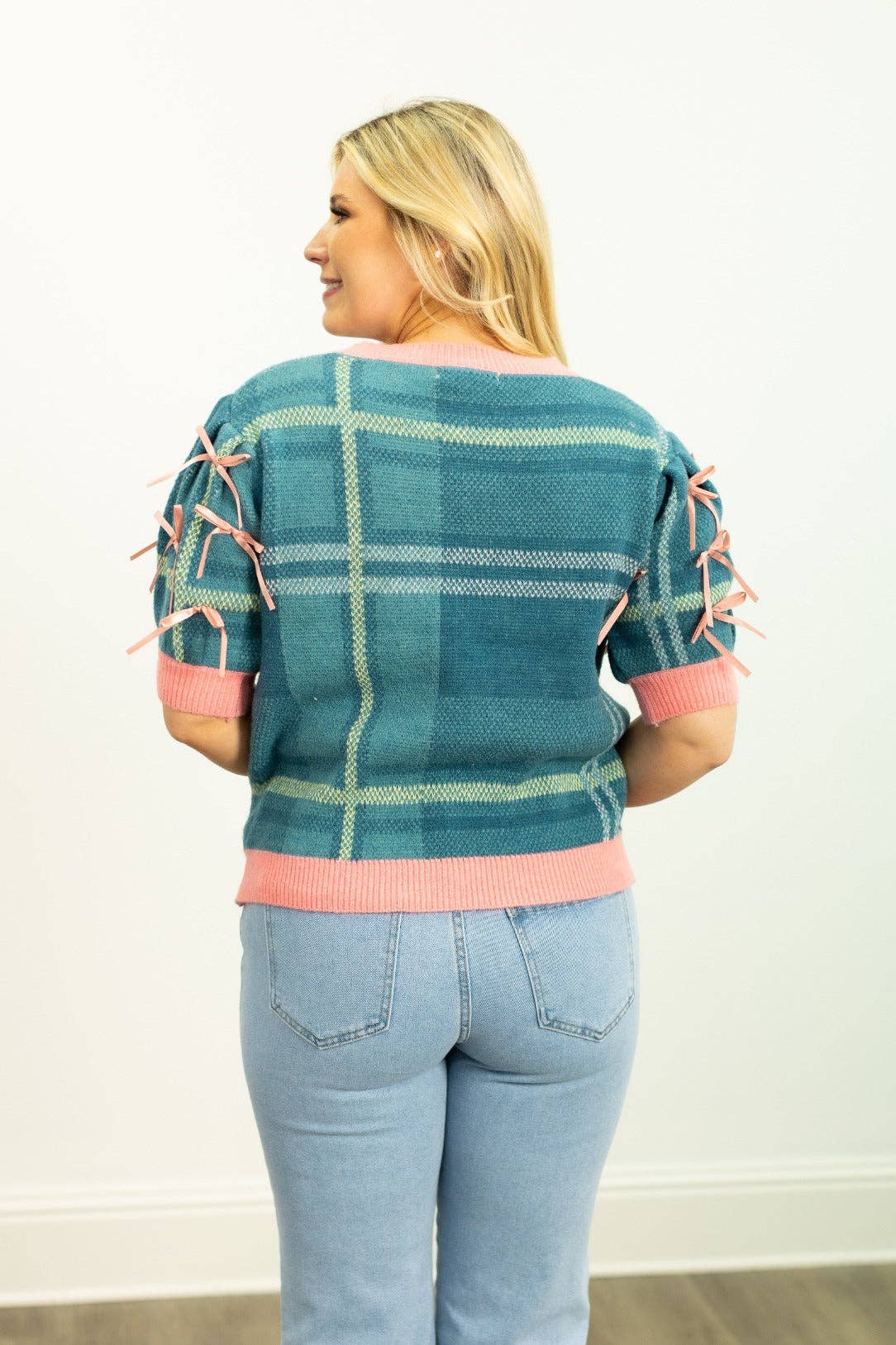 Plaid Puff Sleeve Sweater - Turquoise