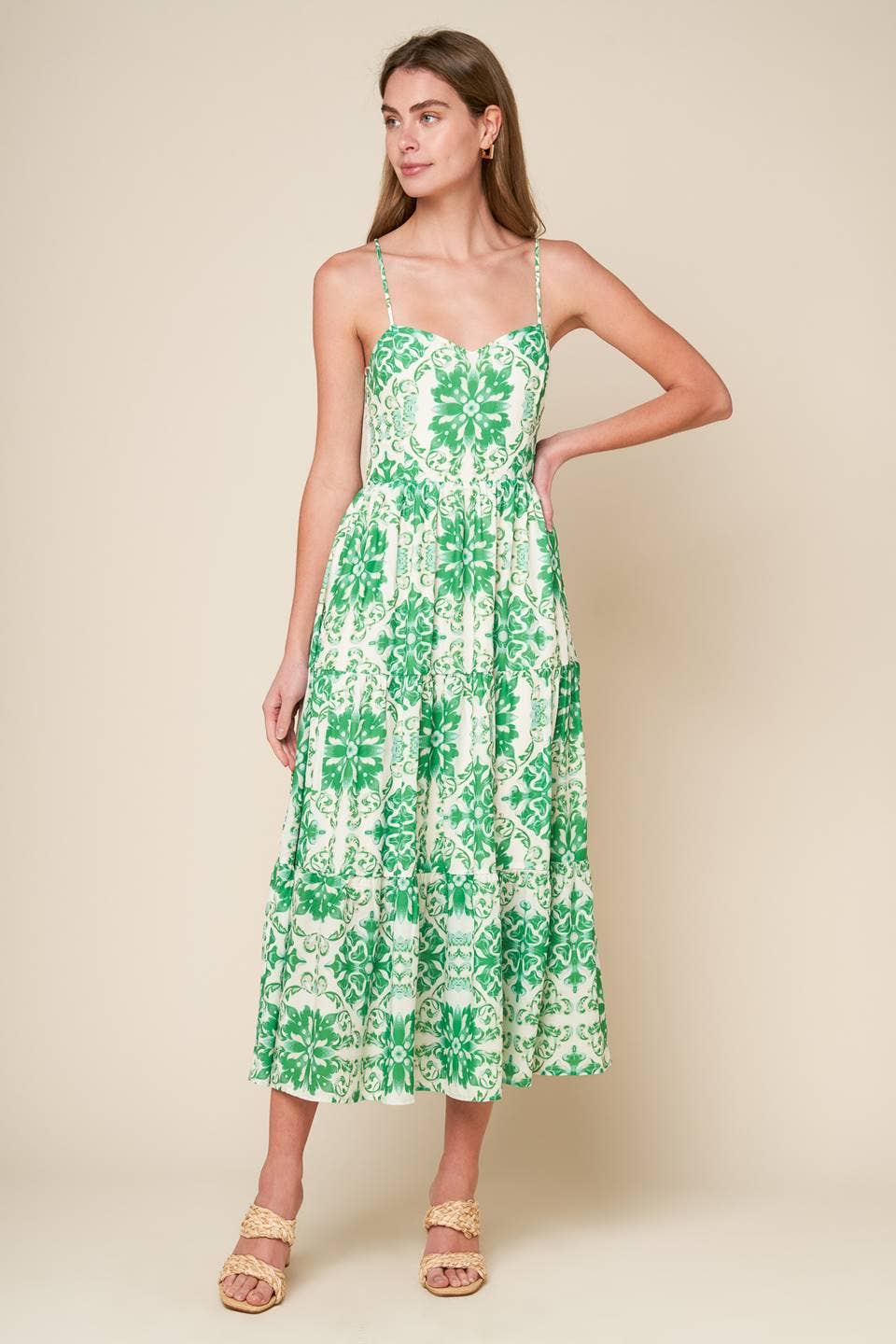 Woven Printed Midi Dress - Ivory/Green