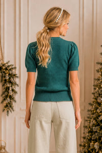 Rhinestone Merry Puff Sleeve Sweater - Green