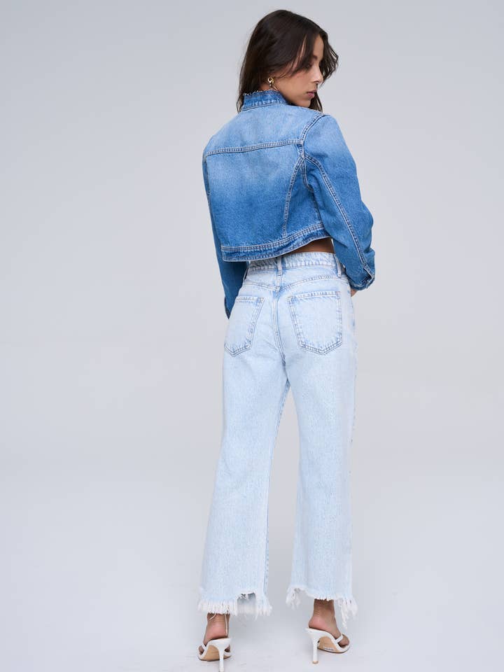 Distressed High Rise Cropped Jeans - Acid Wash