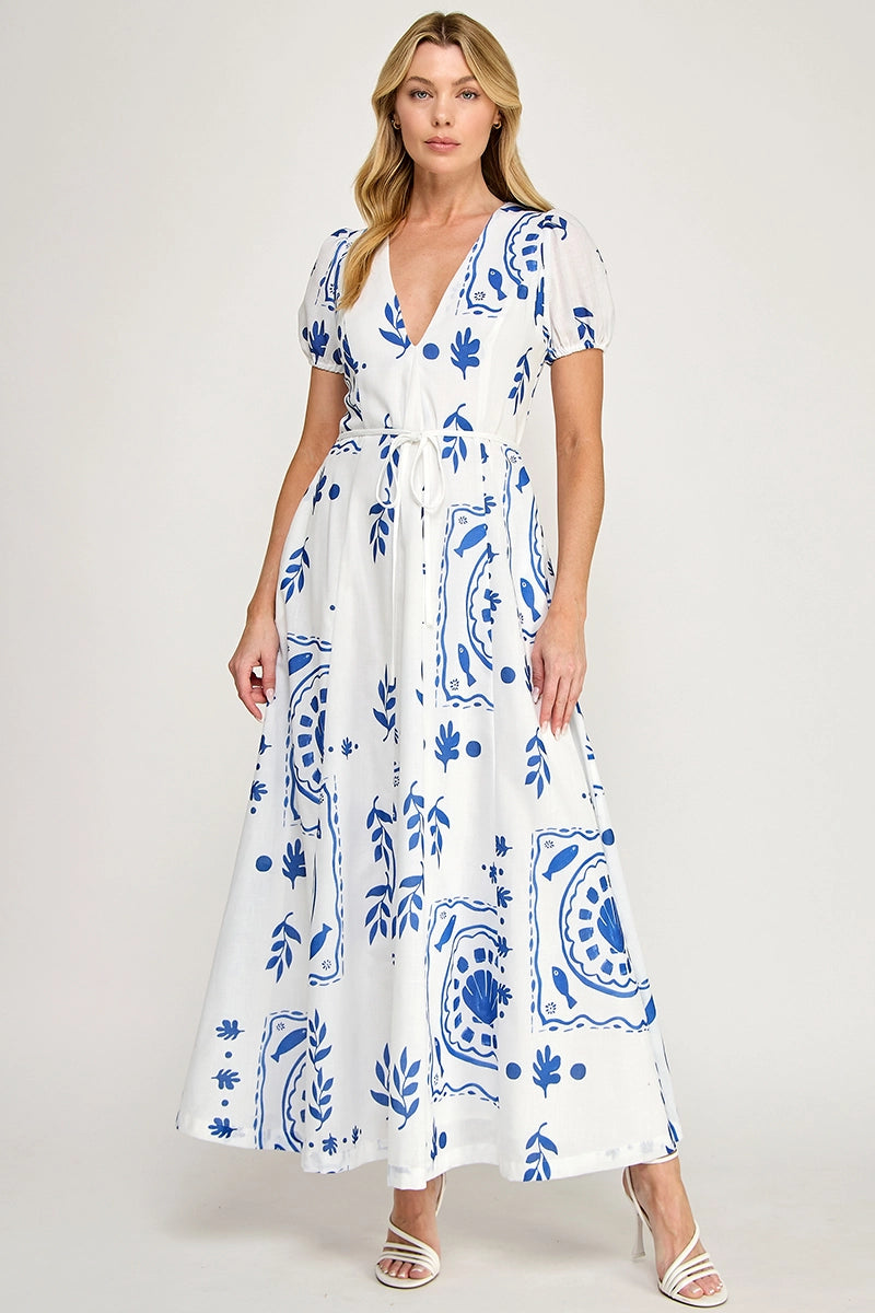 Tile Print Maxi Dress - Off White/Blue