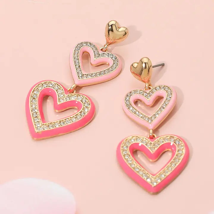 Rhinestone Heart Earrings - Multi Pink
