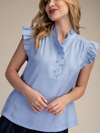 Ruffle Button Up Blouse - Dusty Blue