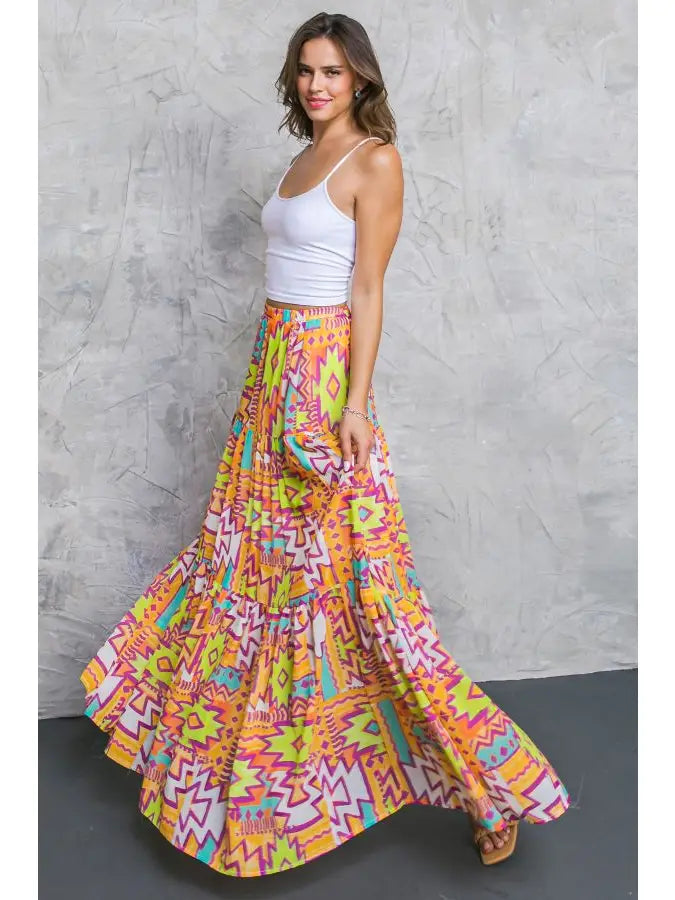 Aztec Printed Maxi Skirt - Orange