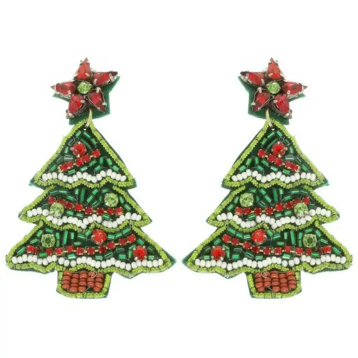 Christmas Tree Beaded Earrings - Green