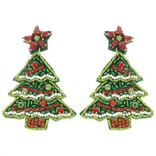 Christmas Tree Beaded Earrings - Green
