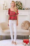 Plaid Lace Trim Baby Doll Puff Sleeve Top - Red