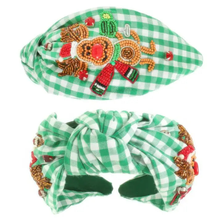 Plaid Reindeer Beaded Headband - Green