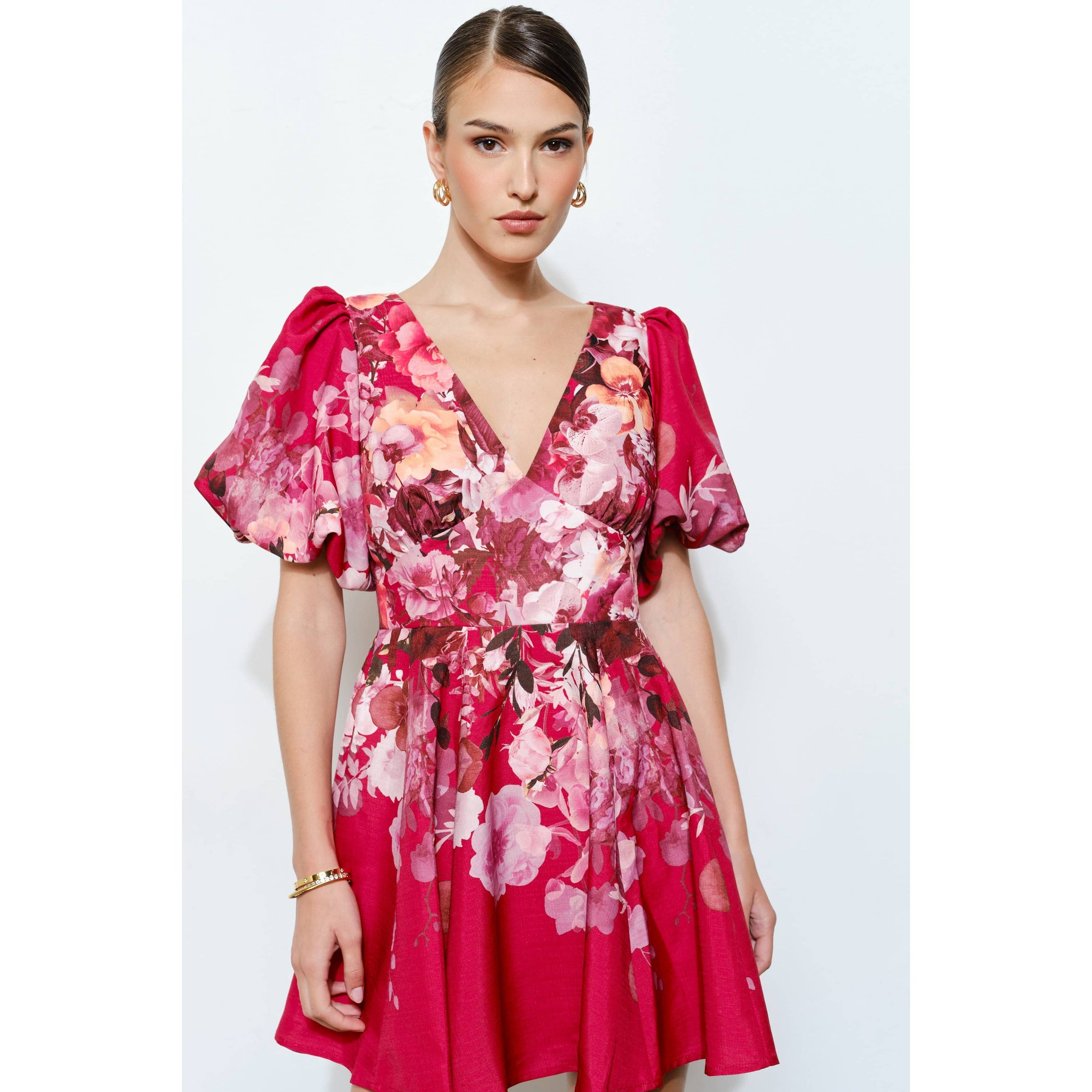 Floral Puff Sleeve Mini Dress - Floral Red