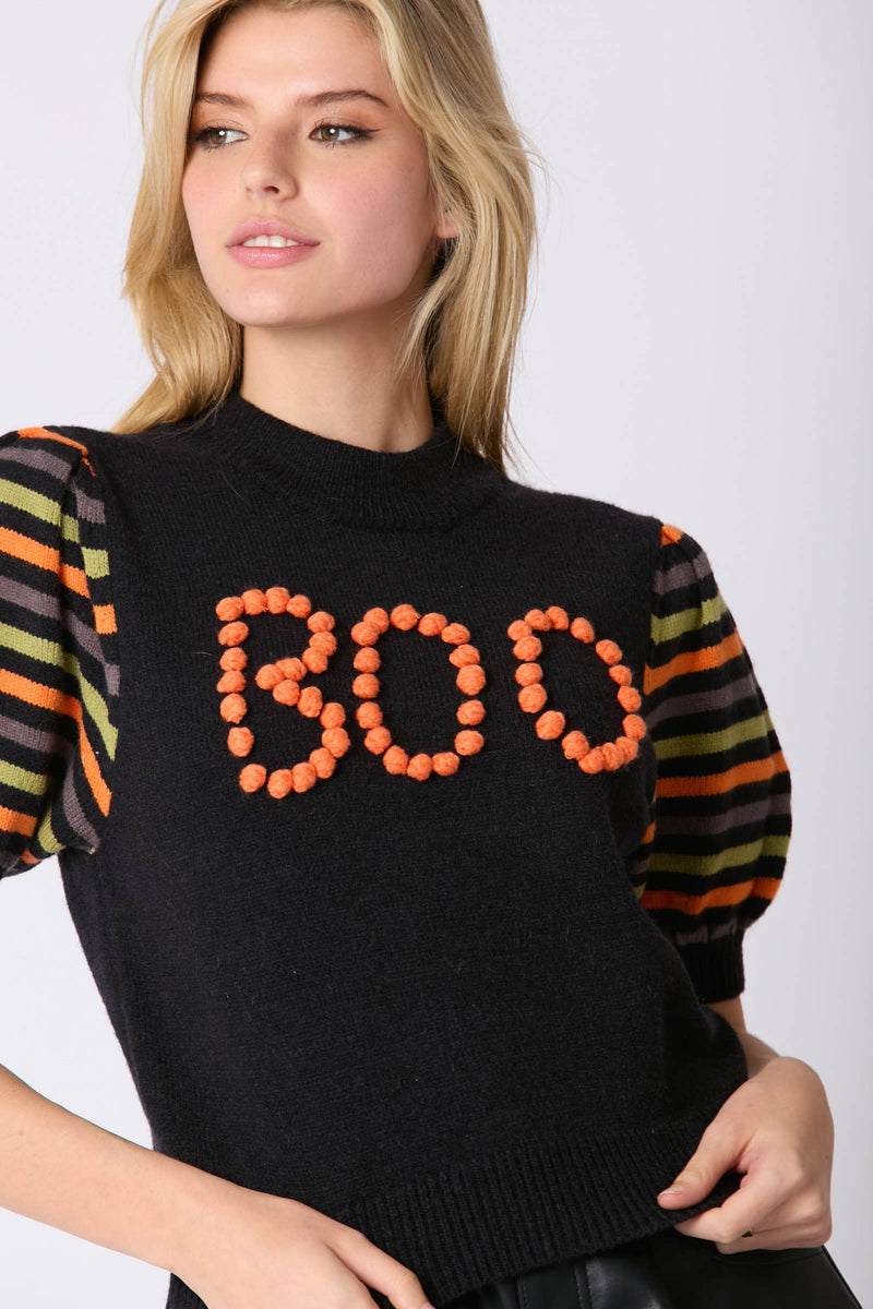 'Boo' Pompom Puff Sleeve Sweater