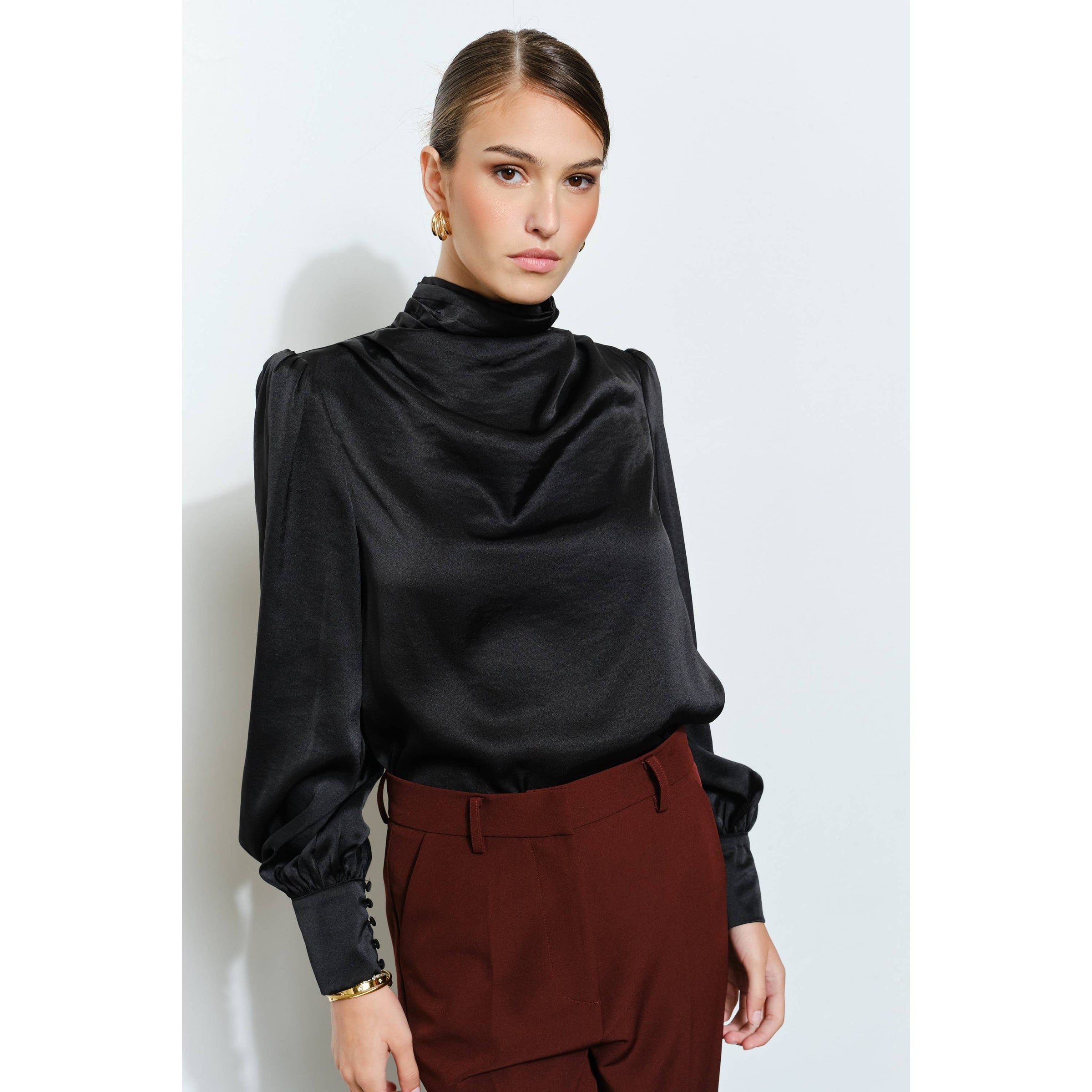 Sasha Satin Draped Blouse - Black