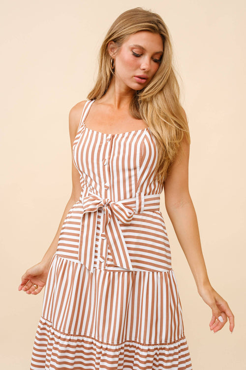 Striped Tiered Midi Dress - Brown