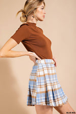 Plaid Pleated Mini Skirt - Blue