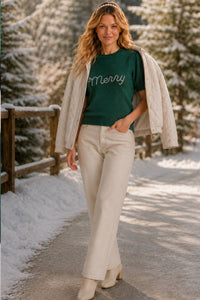 Rhinestone Merry Puff Sleeve Sweater - Green