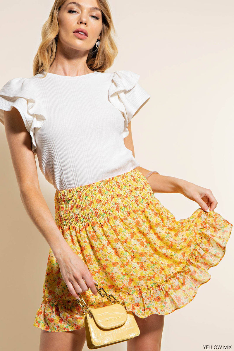 Chiffon Floral Mini Skirt - Yellow