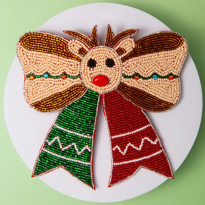 Christmas Beaded Bow Barrette - Reindeer
