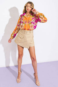 Floral Button Up Blouse - Orange