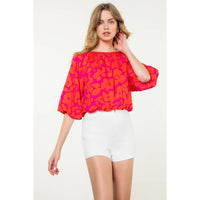 Floral Balloon Sleeve Blouse - Red