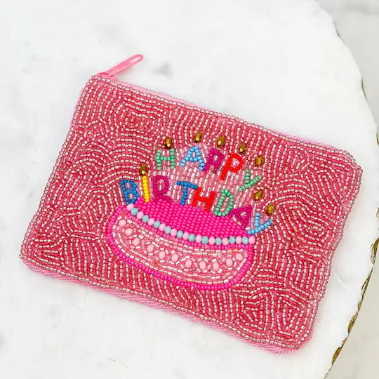 "Happy Birthday" Beaded Pouch - Pink