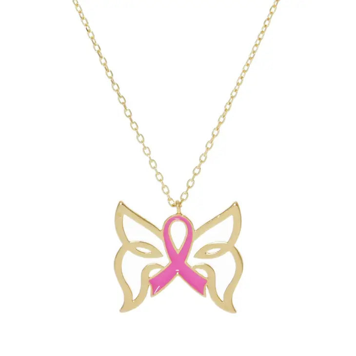 Breast Cancer Butterfly Ribbon Necklace - Gold