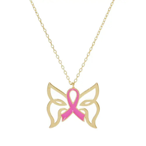 Breast Cancer Butterfly Ribbon Necklace - Gold