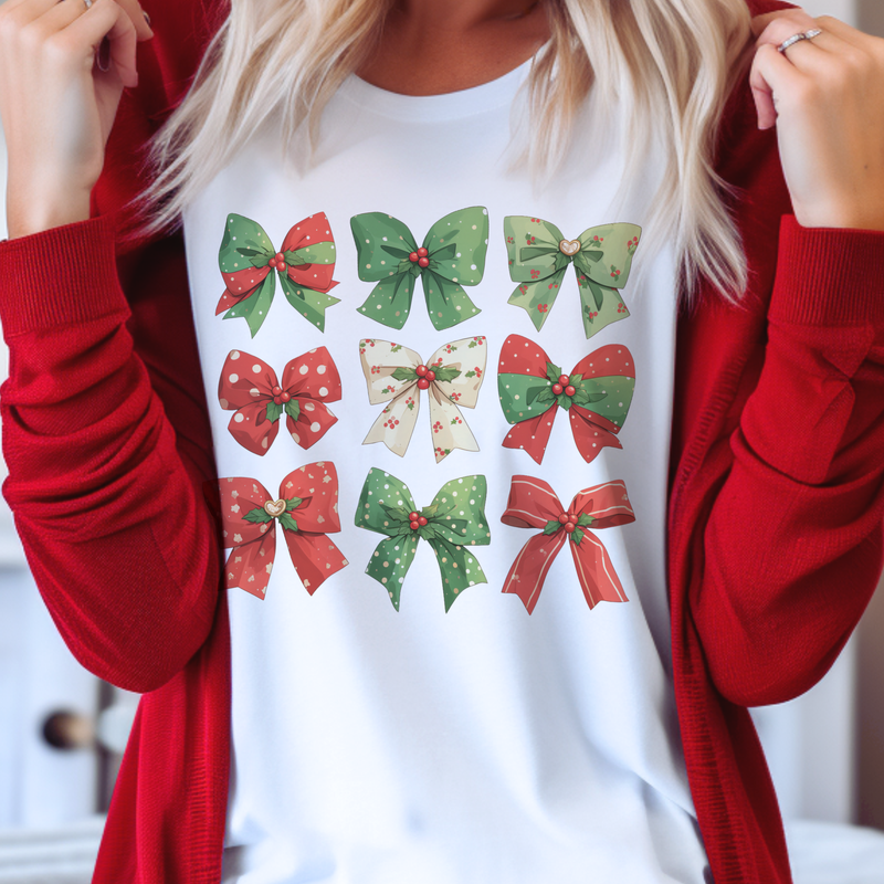 Christmas Coquette Bow Graphic Tee - Red & Green