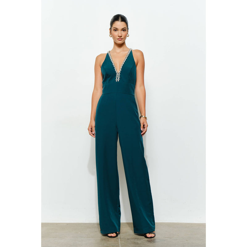 Crystal Trim Jumpsuit - Emerald
