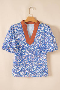 Leopard V-Neck Puff Sleeve Blouse