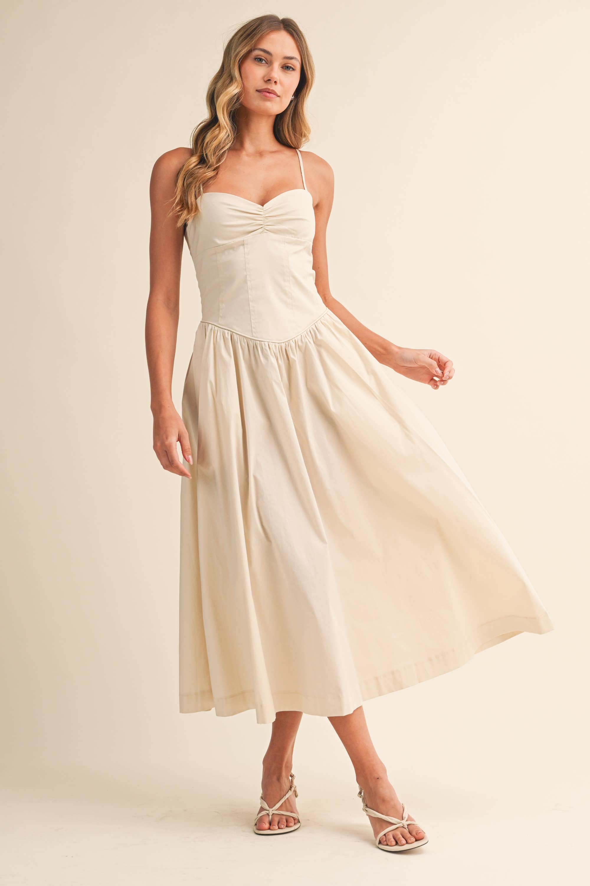 Popline Sweetheart Midi Dress - Beige